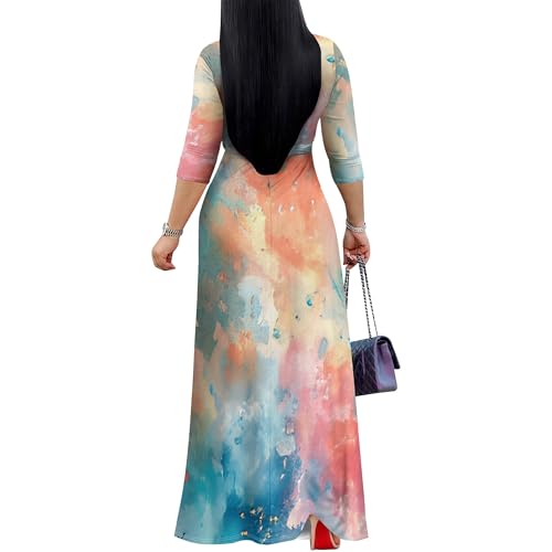 Image of PinkPatty Women's Print Maxi Dresses 3 /4 Sleeve Flowy Long Dress V Neck Wrap Tie Waist Sundress