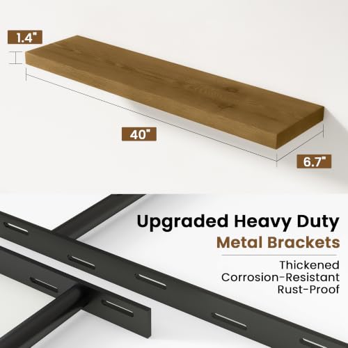 Image of Solid Wood Floating Shelves for Wall 40 inch,Grey Wooden Shelf Set of 2 | Rustic Wood Wall Floating Shelf with Invisible Brackets,Floating Wooden Shelves for Living Room,Bathroom,Bedroom,Kitchen