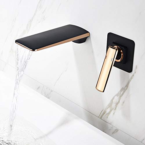 Grifo de lavabo oro rosa y negro empotrado en pared con cascada Blanoir