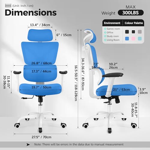 Image of Ergonomic Office Chair High Back Desk Chair with Lumbar Support, Breathable Mesh Computer Chair with Adjustable Armrests Height, Reclining Swivel Big and Tall Gaming Chair for Home Office(Sky Blue)