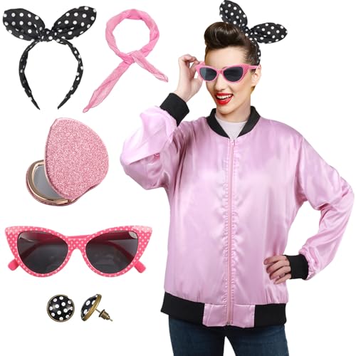 FAYBOX Pink 1950 Ladys Jacket 50s Costume for Women Girls,Halloween Costumes Party Outfits Accessories for Adults