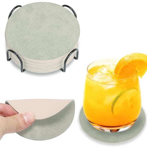 HELI MIAO 16 Stück Untersetzer Gläser, Doppelseitige Glasuntersetzer aus Kunstleder – Rund, rutschfest & hitzebeständig – Inkl. Aufbewahrungsständer (10cm, Hellgrün+beige) – Für Tisch, Bar, Outdoor