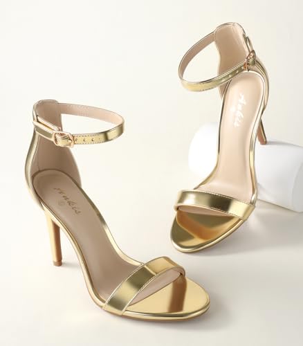 Image of Ankis High Heels for Women 4 Inches, Black Nude Gold Stiletto Heels Open Toe Ankle Strap Heeled Sandals for Dressy Wedding Party