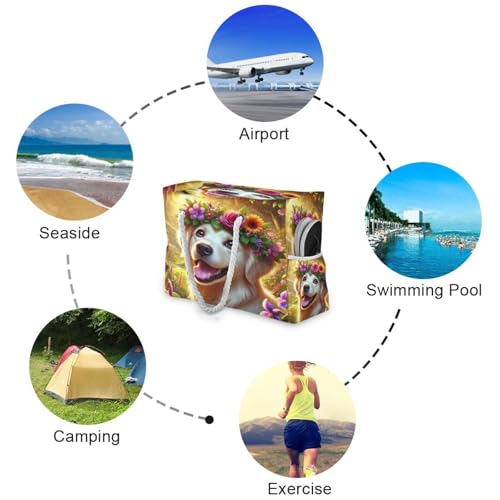 Flower Crown Multicolor Beach Tote Bag for Women Extra Large Travel Tote Bags Waterproof Carry On Swim Pool Bag Beach Bags with Zipper for Gym Vacation Essentials Nurse Grocery Yoga4