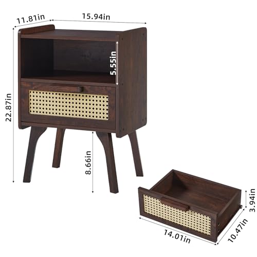 Image of Lerliuo Rattan Nightstands Set of 2, Bedside Table with Drawer Open Shelf | Cane Accent Side End Table with Solid Wood Legs, Walnut Vintage Night Stand for Bedroom, Dorm and Small Spaces
