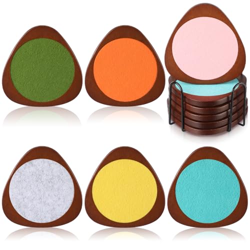 Newtay 6 Pcs Mid Century Modern Coasters Wood Absorbent Coaster with Stackable Holder Vintage Felt Coasters Decorative Drink Coaster Non-slip Non-stick Suitable for Kinds of Cup 4.3 Inch(Multicolor)