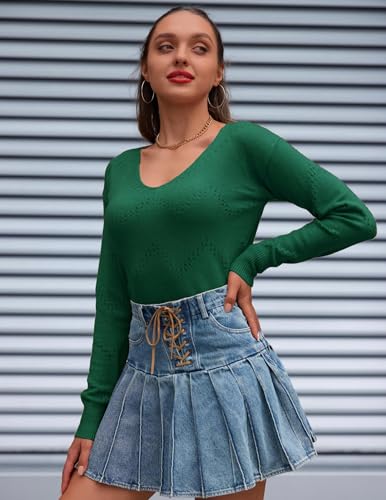 Image of Zeagoo Womens Sweaters Fall Trendy Casual Long Sleeve Shirt Lightweight V Neck Off Shoulder Crochet Pullover Top Outfit