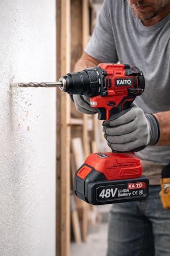 Image of KAITO 48V Cordless Hammer Drill Machine | Brushless Motor | 13MM Metal Removable Chuck | 2000 RPM & 128 Nm Torque | Includes 2 Li-ion Batteries, Charger & 4 Attachments