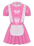 Jugaoge Mens French Maid Role Play Costumes Puff Sleeve Outfit Solid Latex Flared Dress with Apron Maid Pink A Large