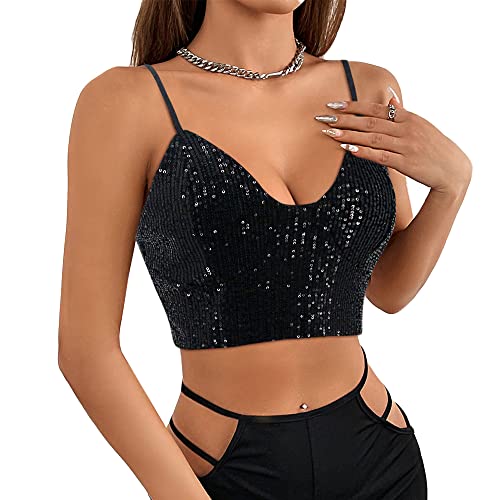Haoohu Women's Sparkly Sequin Spaghetti Strap Crop Top Sleeveless V Neck Rave Tank Vest Clubwear2