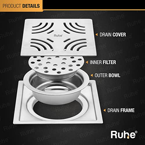Image of Ruhe Exclusive Emerald Floor Drainer /Jali | 304-Grade Stainless Steel Floor Drain- Emerald Exclusive Square Flat Cut (6x6 inches) with Cockroach Trap /Jali