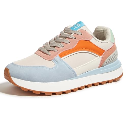 Women's Retro Platform Sneakers Colorblock Oxford Fabric Chunky Lace-Up Shoes with Recyclable Material Insole for Tennis, Walking & Casual