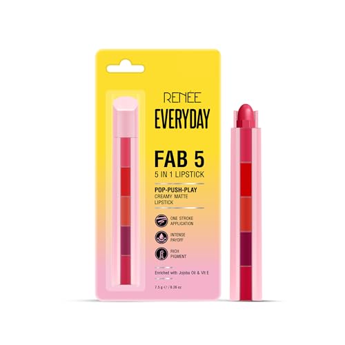 RENEE Everyday Fab 5 5-in-1 Lipstick | 5 Shades In 1 Stick, Matte Finish, Intense Colour Pay-off | Creamy Formula, Glides Easily, One Stroke Application | With Jojoba Oil & Vitamin E | 7.5 g