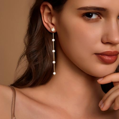 Zeffy Pearl Earrings for Women 14k Gold/Silver Pearl Drop Earrings Long White Pearl Tassel Dangle Statement Earrings Bridal Wedding Dainty Prom Earrings Birthday Gifts Jewelry2