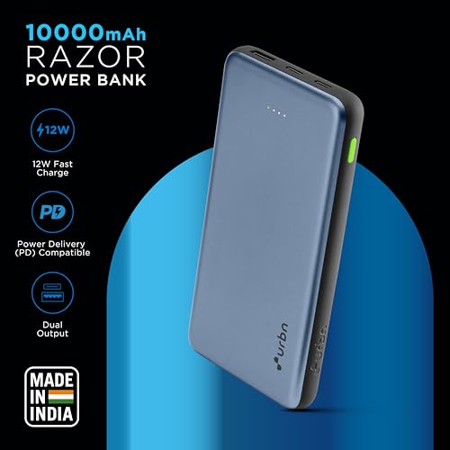 Image of URBN Power Bank 10,000mAh - Ultra Slim,22.5W Two Way Fast Charging,Triple Output,Dual Type C PD,12 Layers Circuit Protection,BIS Certified,6 Months Warranty Free Type C Lightning Input Cable - Blue