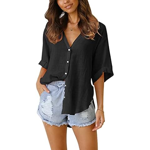Merryfun Women's Linen V-Neck Button Down Shirt, Loose Fit, Cuffed Sleeve, Casual Work Blouse, Black M Cover