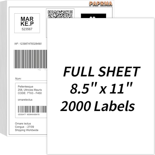 Image of Full Sheet Labels 8.5 inch x 11 inch Sticker Paper Matte White, Large Shipping Label Paper for Inkjet Laser Printer, 2000 Counts