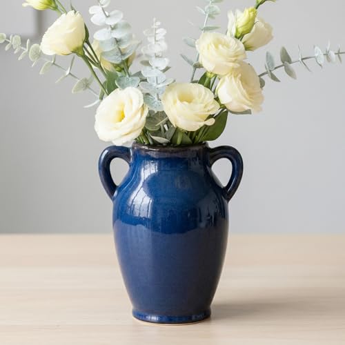 Sunddo Blue Ceramic Vases for Home Decor - 8 inch Blue Flower Vase with Handles...