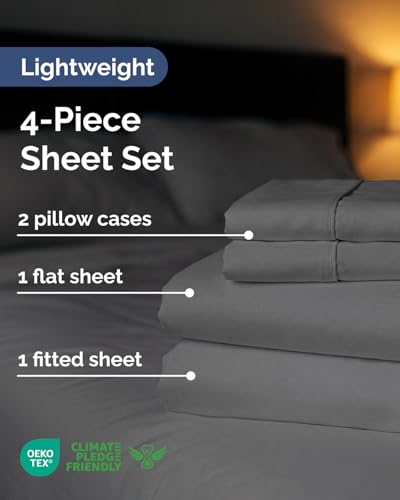 Image of Lightweight 4 Piece Bed Sheet Set King Size - Cooling Sheets for Hot Sleepers - Soft Breathable Bedding Set w / 8-16 Inch Deep Pockets - 1 Flat, 1 Fitted & 2 Pillowcases - Wrinkle Resistant - Dark Grey