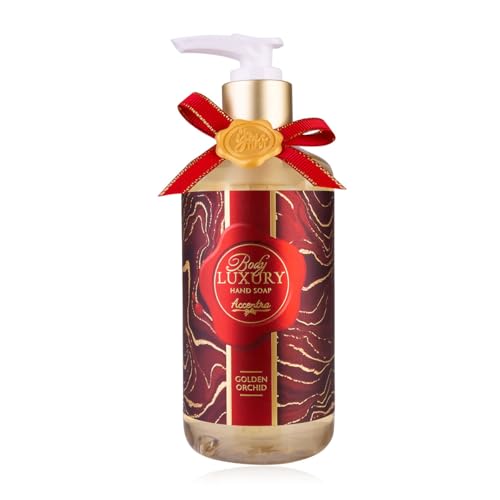 Distributeur de savon Accentra avec savon liquide pour les mains BODY LUXURY dans un distributeur à pompe, parfum : Golden Orchid, cadeau de Noël pour femme avec ruban rouge
