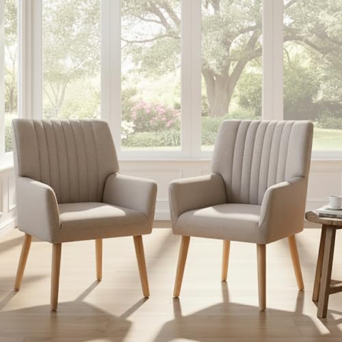 Artiss 2X Armchair Arm Recliner Lounge Dining Chairs Sofa Nursing Occasional Seat Reading Seating Armchairs for Bedroom Furniture Home Living Room, with Wood Legs Fabric, Beige