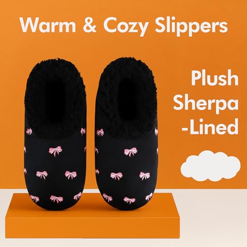 Snoozies Pink Bow Slippers Non-Skid, Memory Foam House Slippers for Women with Soft Sherpa Lining, Womens House Shoes3