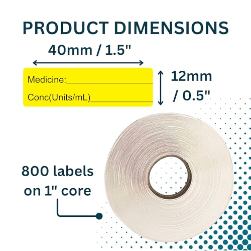Image of Yellow Medicine Syringe Labels (Units /mL) - 800 Medication Labels Stickers, 12mm x 40mm, for Hospitals, Pharmacy & Vet