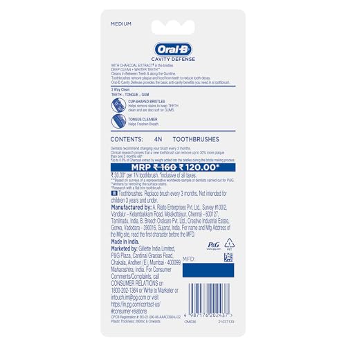Image of Oral-B Cavity Defense 123 Black Toothbrush � Medium (Pack of 4)