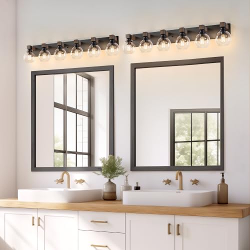 Image of LmnLvn Bathroom Light Fixtures, Farmhouse Wood & Metal with Globe Glass