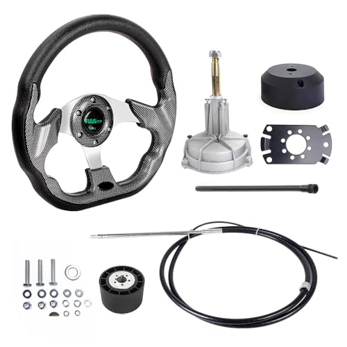 RASTP 12FT Boat Steering System, 12FT Outboard Steering Kit with 3/4" Tapered Shaft with 12.7 Inch Steering Wheel for Yachts, Fishing Boats & Watercraft