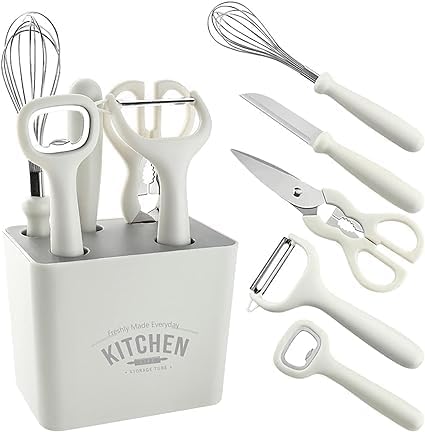 WhimsyWar 6-Piece Kitchen Gadgets Set, Kitchen Scissors,Kitchen Utensils Set with Holder, Paring Knife,Whisky Bottle Opener, Peeler- Anti-Slip Handle, Decorative Base, Household Kitchen Gadgets