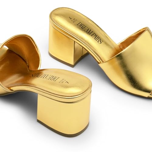 DREAM PAIRS Women's Square Open Toe Heels Sandals Low Block Chunky Heeled Sandals Slide Sandals Slip on Comfortable Casual Pumps Shoes,Size 7.5,Gold-PU,SDHS2432W