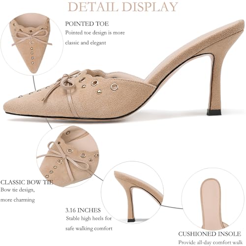Mules for Women Black Kitten Heels Suede Closed Pointed Toe Kitten Pumps Slip On Bow Shoes Dress Sandals3