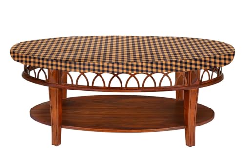 Image of The Furnishing Tree Elastic Oval Center Table Cover WxL 16x36 in Inches Polyester Checkered Pattern Brown