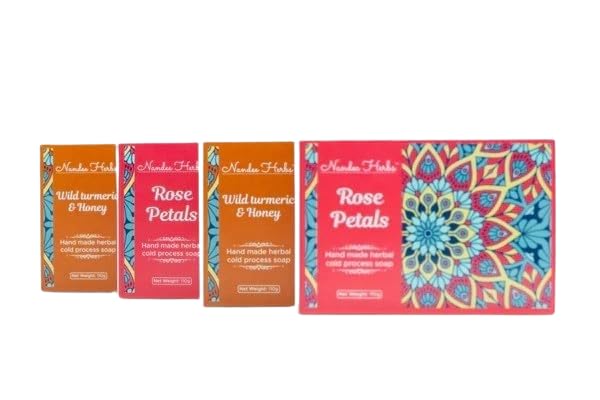 Nandee Herbs Combo Hand made Honey & Wild Turmeric Soap 110g (pack of 2) + Rose Petals soap 110g (pack of 2) (4x110g)