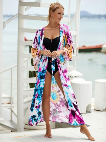 Image of Women's Kimono Cover Up Long Beach Dress Swimsuit Cover Ups Colorful Cardigan Lightweight Robe for Swimwear