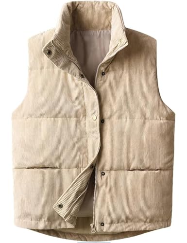 Womens Corduroy Puffer Vest Stand Collar Zip Snap Button Sleeveless Warm Waistcoat Padded Gilet