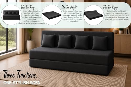 Image of Sofa Cum Bed with Jute Fabric, Convertible Four Seater Sofa Bed 6x6 Ft, Comfortable Cushioned Seating, Space Saving Design for Living Room, Bedroom & Guest Room - Black Color
