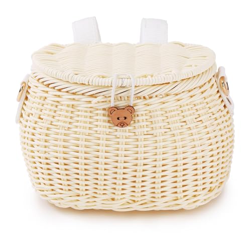 SVNR Fahrradkorb für Kinder Fahrradkorb Vorne, Fahrrad Korb Roller Dreiradkorb, handgewebter Rucksack mit Deckel Schultergurt, Rattankorb, Vorderlenkerkorb, Beige