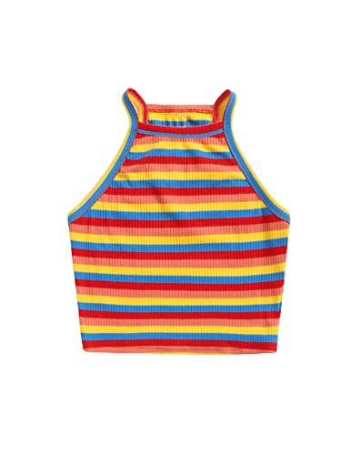 Image of SHENHE Girl's Rainbow Striped Sleeveless Ribbed Knit Halter Cami Tank Crop Tops Red Multicolored 14Y