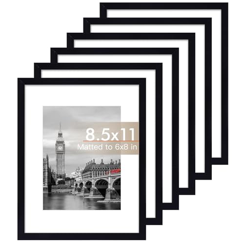 Image of Fixwal 8.5x11 Picture Frame Set of 6 Graduation Certificate Frames with Shatter Resistant Plastic Cover, Thin Border and Light Weight Photo Frames for Wall or Tabletop Display, Black
