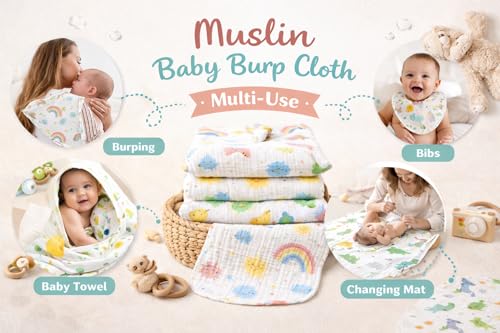 Image of Pack of 3 large Muslin Burp Cloths for Baby | 6 Layer Soft Cotton Burping Cloth for NewBorn | Muslin Napkins for New Born Baby | Wash Cloth Napkins for Kids | Face Towel for Kids 25*40cm (Multiprint)