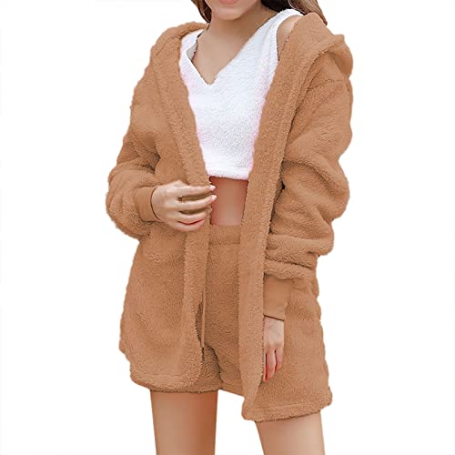 Conjunto de pijama de 3 piezas de forro polar para mujer, de manga larga de tres piezas, con capucha, parte superior sin vientre, pantalones de pijama cortos y pantalones de pijama de forro polar