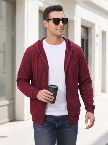 Satankud Men's Jacquard PlaidCloth Zipper Hoodie Sweatshirt Burgundy — view 2