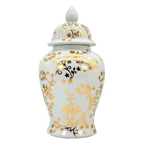 Galt International Gold & White Floral Blossom Ceramic Ginger Jar