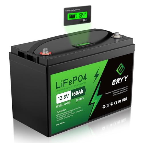 12V 160Ah LiFePO4 Lithium Battery 2048Wh, Built-in 100A BMS & LCD Voltmeter, 5000+ Deep Cycles Rechargeable Lithium Iron Phosphate Battery with Low-Temp Protection for Trolling Motor, RV, Solar System
