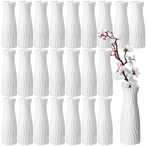 Mimorou 24 Pcs Composite Plastic Flower Vase Ceramic Look Decorative White Unbreakable Plastic Vases for Flower Centerpieces for Living Room Table Home Decor(Classic Style)