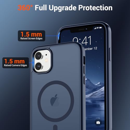 Image of SUPFINE Magnetic for iPhone 11 Phone Case with Screen Protector (Compatible with MagSafe) (Military Grade Drop Protection) Translucent Matte Shockproof Phone Cover,Dark Blue