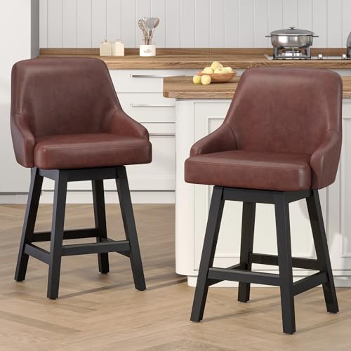 Image of YaFiti Swivel Counter Height Bar Stools Set of 3, 24 inch Modern Faux Leather Barstool with Back, Widen Upholstered Seat, Hardened Wood Legs for Kitchen Counter, Island, Dining Room, Brown