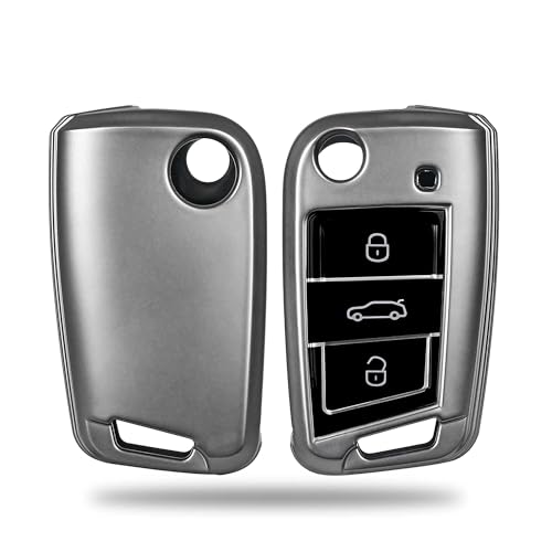 Image of SIAGO TPU Key Cover Compatible with Skoda & Volkswagen Cars Kylaq | Slavia | Kushaq | Octavia | Virtus | Taigun | Tiguan | T ROC 3 Button Flip Key (Grey)